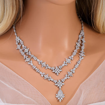 CZ Diamond Bridal Blossom Double Layer Jewelry Set, Long Bridal Earrings, Bracelet, Ring And Necklace, Statement Earrings Cz Necklace Set.
